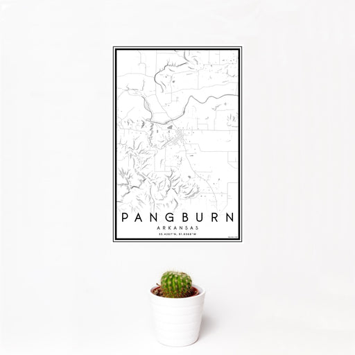 12x18 Pangburn Arkansas Map Print Portrait Orientation in Classic Style With Small Cactus Plant in White Planter