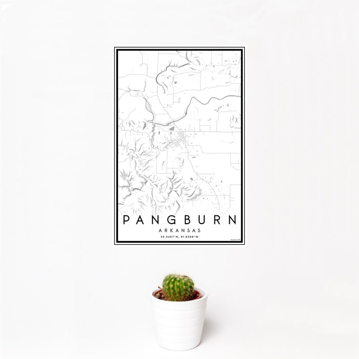 12x18 Pangburn Arkansas Map Print Portrait Orientation in Classic Style With Small Cactus Plant in White Planter