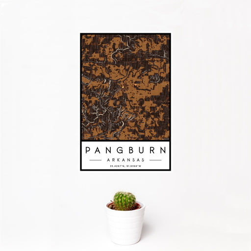 12x18 Pangburn Arkansas Map Print Portrait Orientation in Ember Style With Small Cactus Plant in White Planter