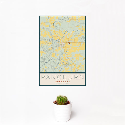 12x18 Pangburn Arkansas Map Print Portrait Orientation in Woodblock Style With Small Cactus Plant in White Planter