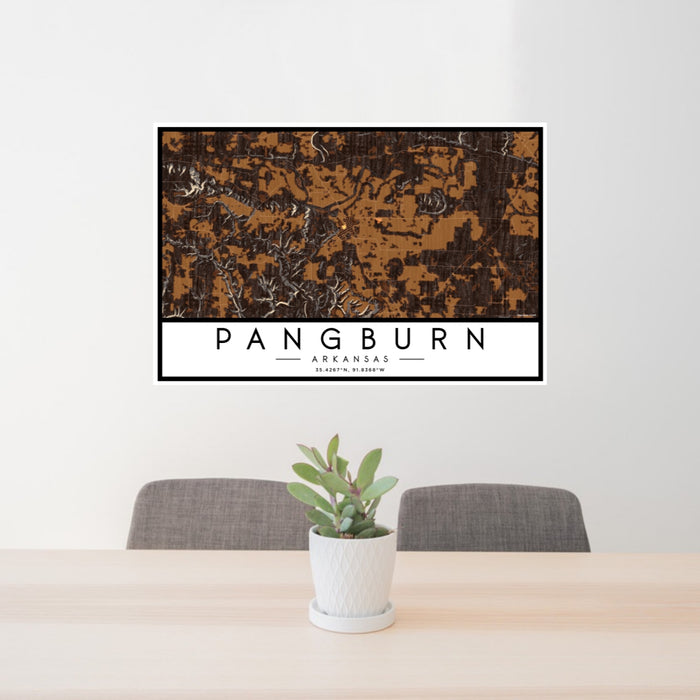 24x36 Pangburn Arkansas Map Print Lanscape Orientation in Ember Style Behind 2 Chairs Table and Potted Plant