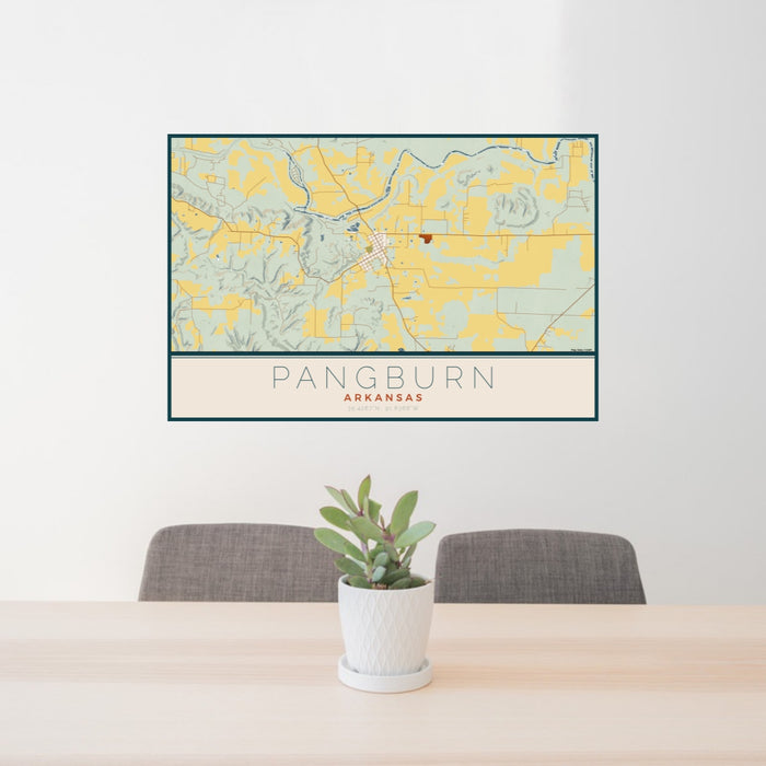 24x36 Pangburn Arkansas Map Print Lanscape Orientation in Woodblock Style Behind 2 Chairs Table and Potted Plant