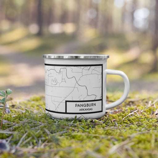 Right View Custom Pangburn Arkansas Map Enamel Mug in Classic on Grass With Trees in Background