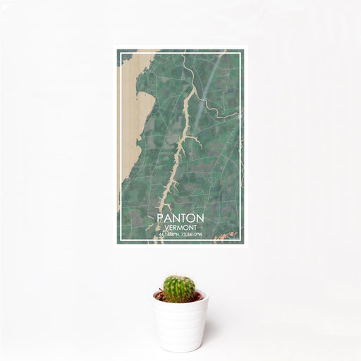 12x18 Panton Vermont Map Print Portrait Orientation in Afternoon Style With Small Cactus Plant in White Planter