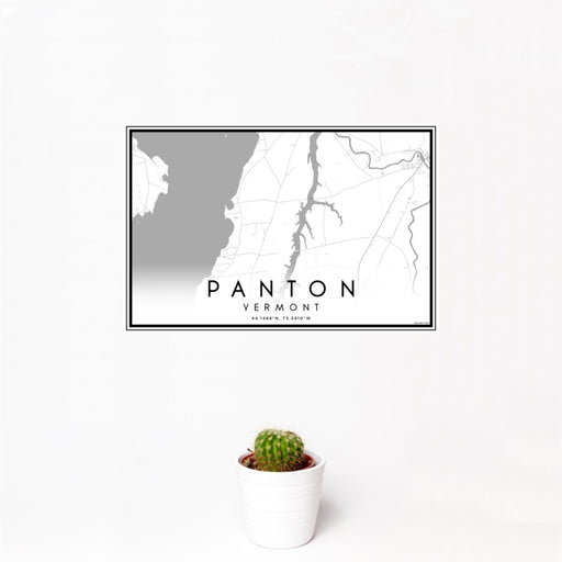 12x18 Panton Vermont Map Print Landscape Orientation in Classic Style With Small Cactus Plant in White Planter