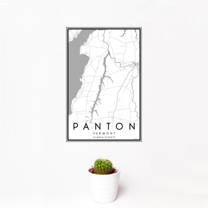 12x18 Panton Vermont Map Print Portrait Orientation in Classic Style With Small Cactus Plant in White Planter