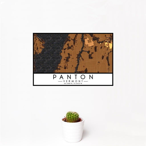 12x18 Panton Vermont Map Print Landscape Orientation in Ember Style With Small Cactus Plant in White Planter