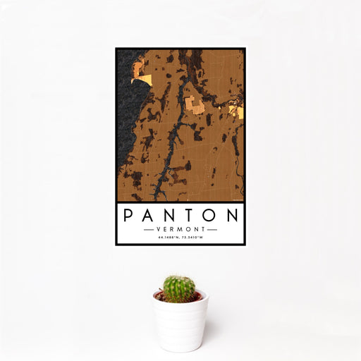 12x18 Panton Vermont Map Print Portrait Orientation in Ember Style With Small Cactus Plant in White Planter