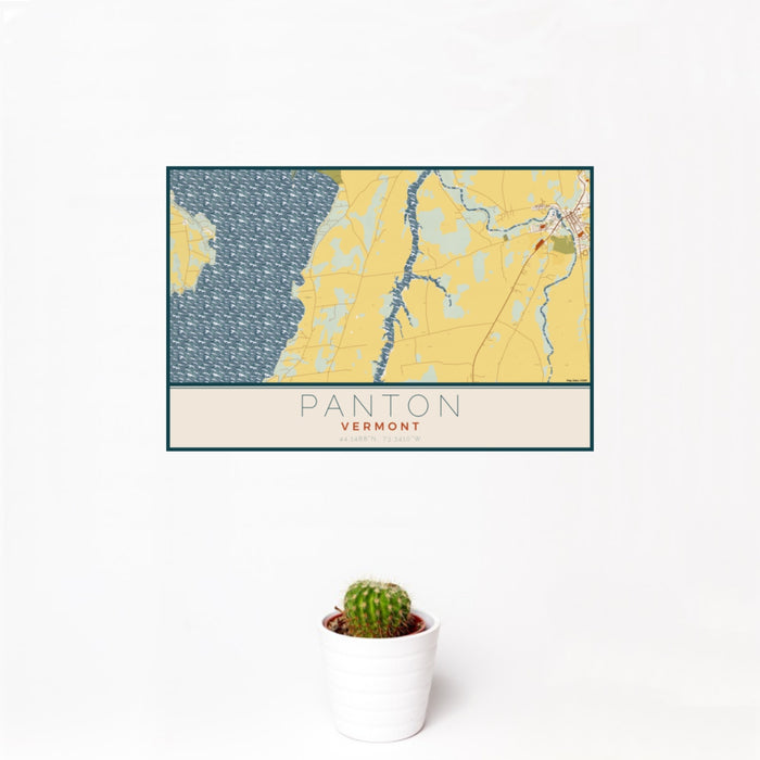 12x18 Panton Vermont Map Print Landscape Orientation in Woodblock Style With Small Cactus Plant in White Planter