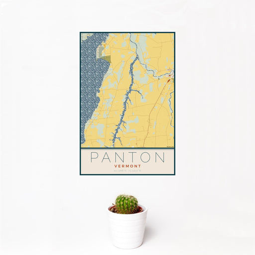 12x18 Panton Vermont Map Print Portrait Orientation in Woodblock Style With Small Cactus Plant in White Planter