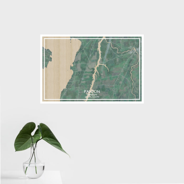 16x24 Panton Vermont Map Print Landscape Orientation in Afternoon Style With Tropical Plant Leaves in Water