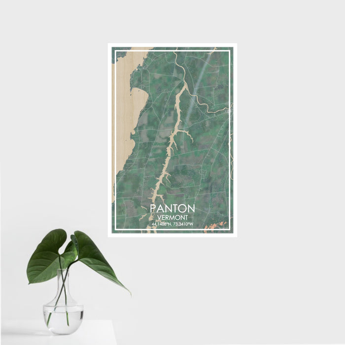 16x24 Panton Vermont Map Print Portrait Orientation in Afternoon Style With Tropical Plant Leaves in Water