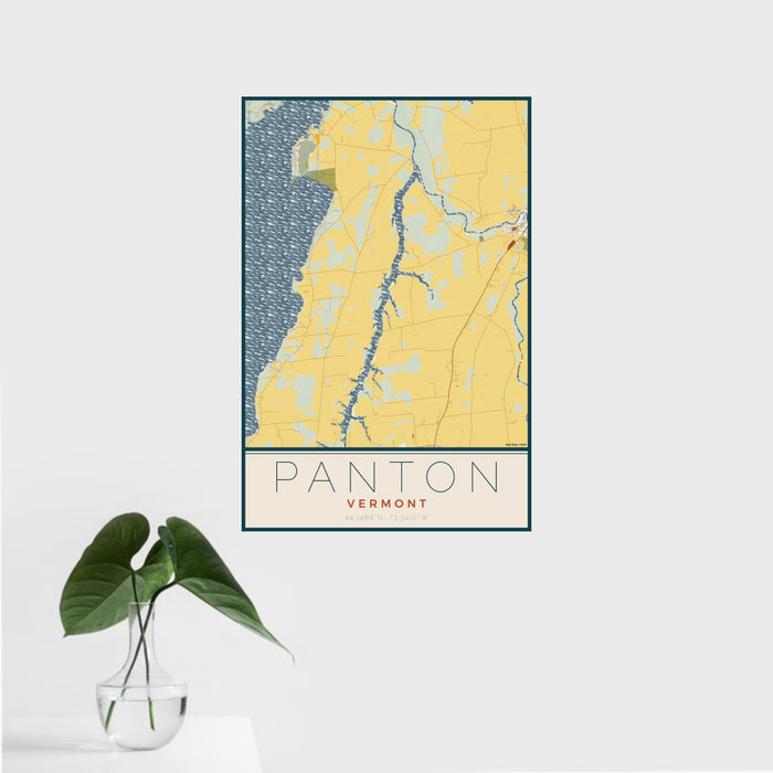 16x24 Panton Vermont Map Print Portrait Orientation in Woodblock Style With Tropical Plant Leaves in Water