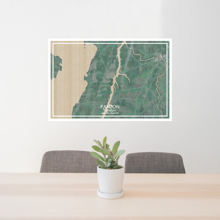 24x36 Panton Vermont Map Print Lanscape Orientation in Afternoon Style Behind 2 Chairs Table and Potted Plant