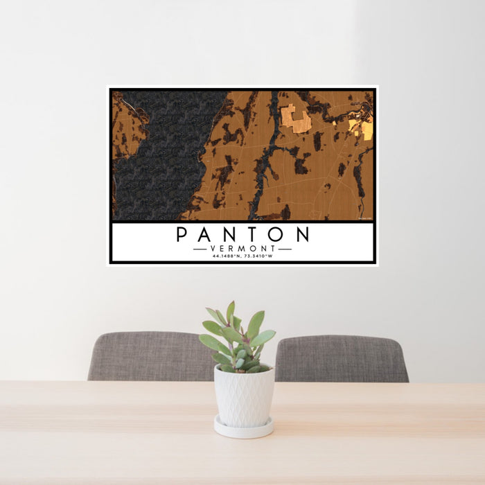 24x36 Panton Vermont Map Print Lanscape Orientation in Ember Style Behind 2 Chairs Table and Potted Plant