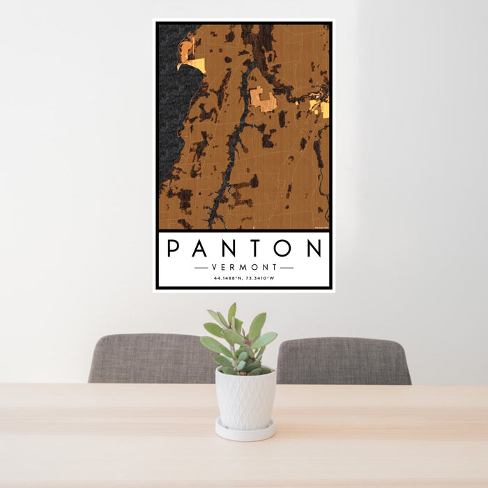 24x36 Panton Vermont Map Print Portrait Orientation in Ember Style Behind 2 Chairs Table and Potted Plant