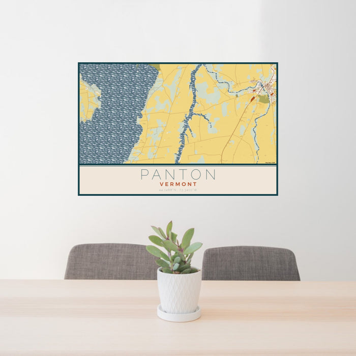 24x36 Panton Vermont Map Print Lanscape Orientation in Woodblock Style Behind 2 Chairs Table and Potted Plant