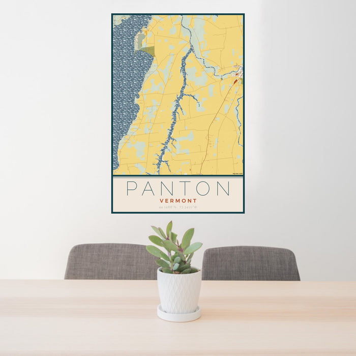 24x36 Panton Vermont Map Print Portrait Orientation in Woodblock Style Behind 2 Chairs Table and Potted Plant