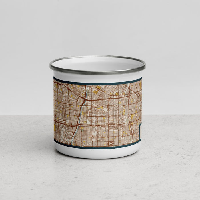 Front View Custom Paramount California Map Enamel Mug in Woodblock