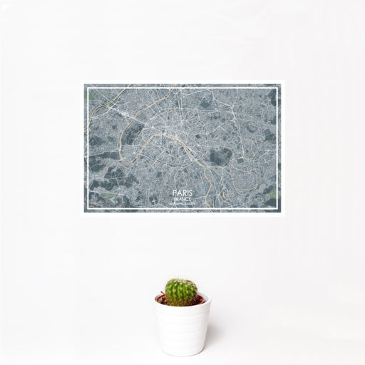 12x18 Paris France Map Print Landscape Orientation in Afternoon Style With Small Cactus Plant in White Planter