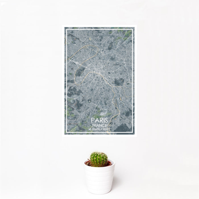 12x18 Paris France Map Print Portrait Orientation in Afternoon Style With Small Cactus Plant in White Planter