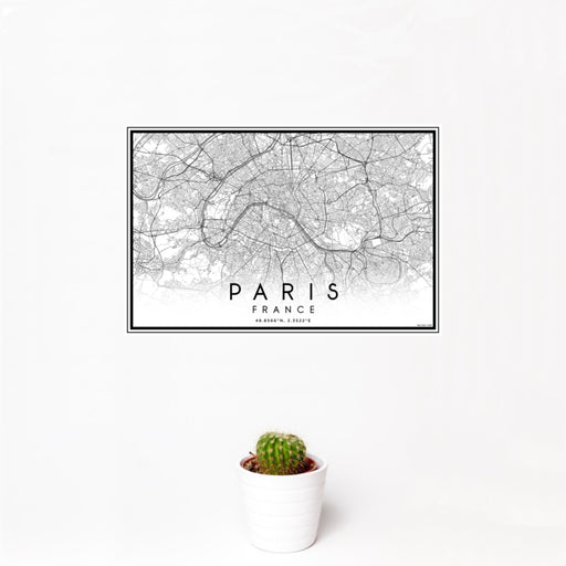 12x18 Paris France Map Print Landscape Orientation in Classic Style With Small Cactus Plant in White Planter