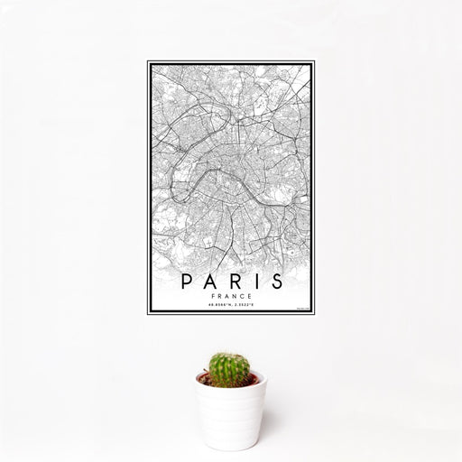 12x18 Paris France Map Print Portrait Orientation in Classic Style With Small Cactus Plant in White Planter