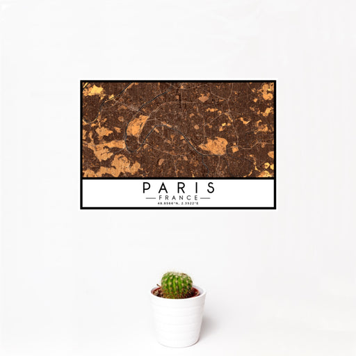 12x18 Paris France Map Print Landscape Orientation in Ember Style With Small Cactus Plant in White Planter