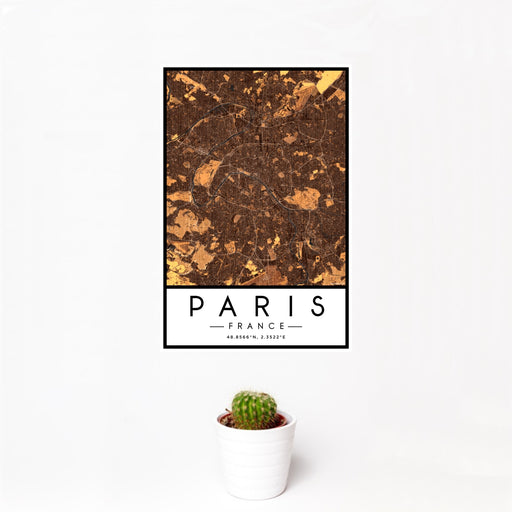 12x18 Paris France Map Print Portrait Orientation in Ember Style With Small Cactus Plant in White Planter