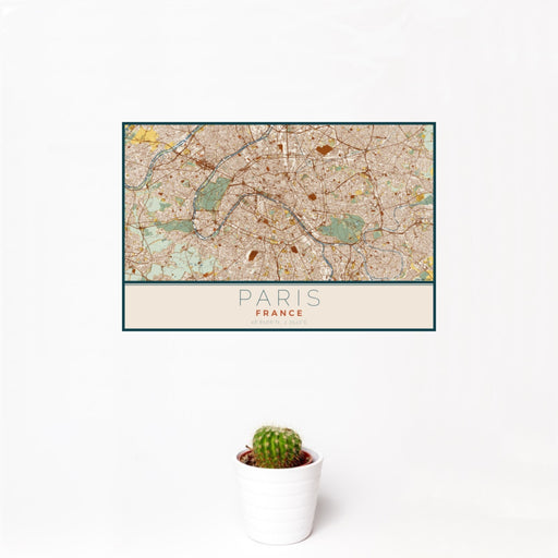 12x18 Paris France Map Print Landscape Orientation in Woodblock Style With Small Cactus Plant in White Planter