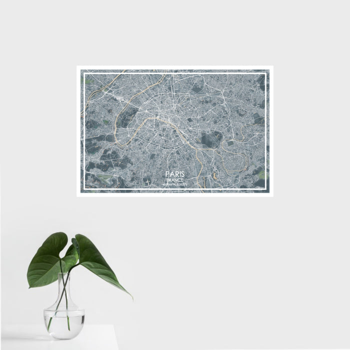 16x24 Paris France Map Print Landscape Orientation in Afternoon Style With Tropical Plant Leaves in Water