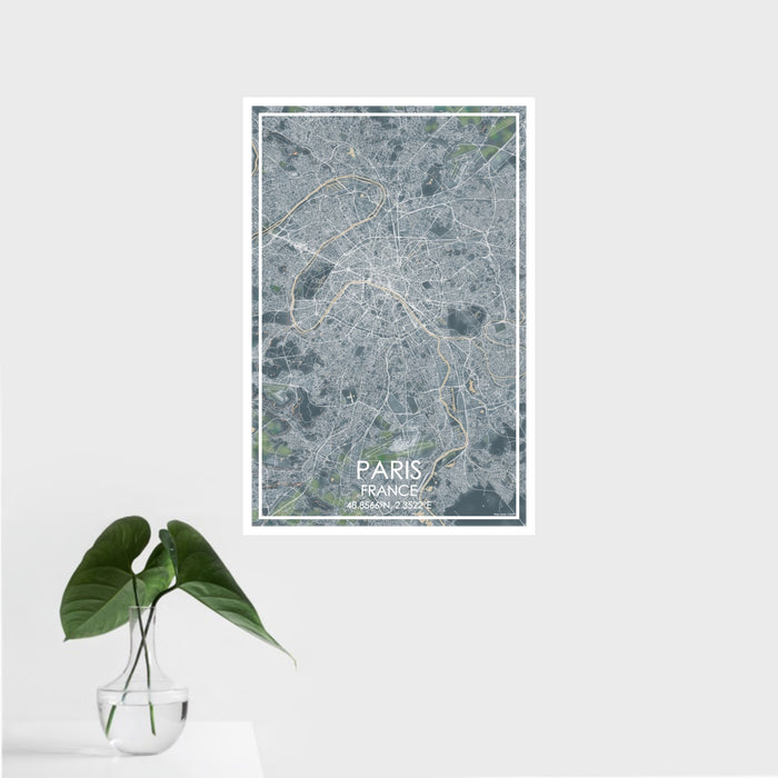 16x24 Paris France Map Print Portrait Orientation in Afternoon Style With Tropical Plant Leaves in Water