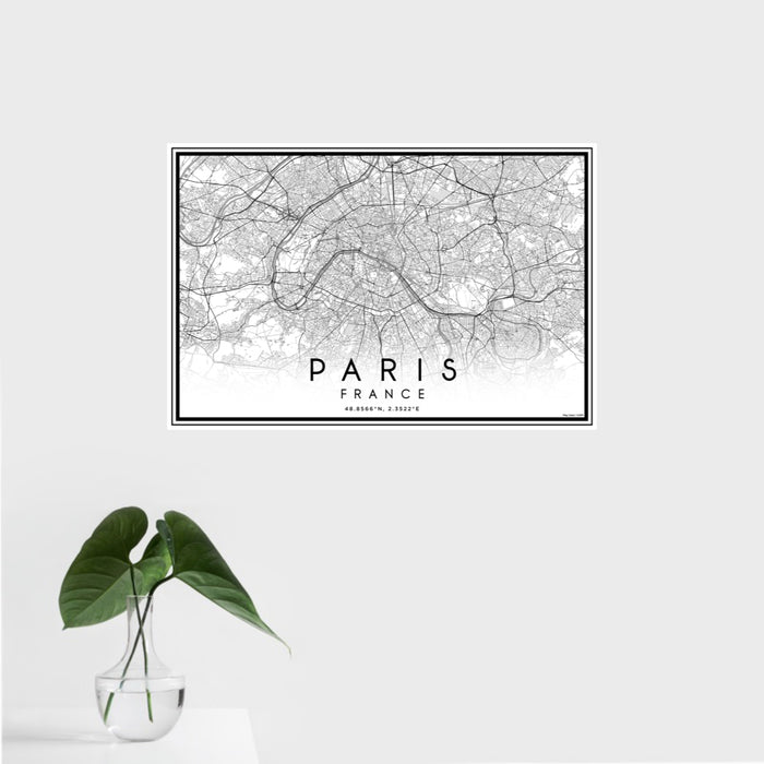 16x24 Paris France Map Print Landscape Orientation in Classic Style With Tropical Plant Leaves in Water