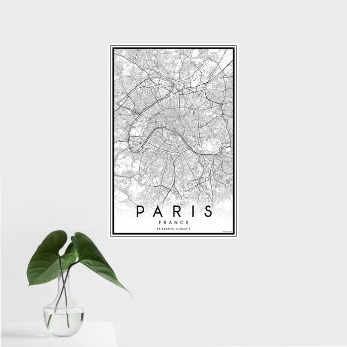 16x24 Paris France Map Print Portrait Orientation in Classic Style With Tropical Plant Leaves in Water