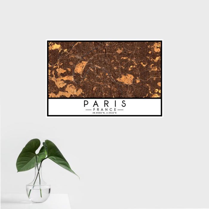 16x24 Paris France Map Print Landscape Orientation in Ember Style With Tropical Plant Leaves in Water