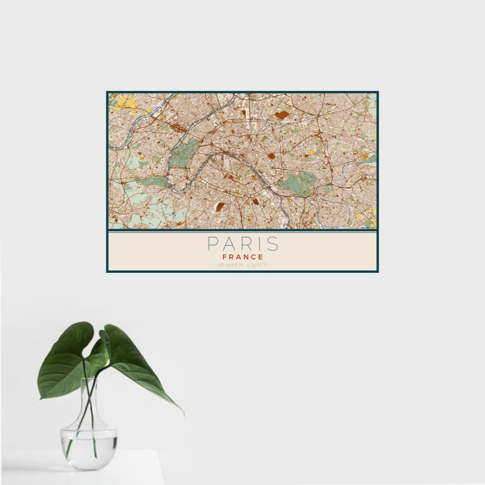 16x24 Paris France Map Print Landscape Orientation in Woodblock Style With Tropical Plant Leaves in Water