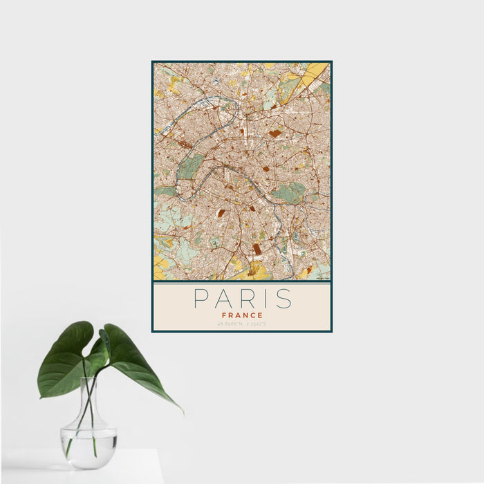 16x24 Paris France Map Print Portrait Orientation in Woodblock Style With Tropical Plant Leaves in Water
