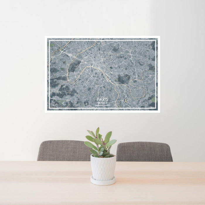 24x36 Paris France Map Print Lanscape Orientation in Afternoon Style Behind 2 Chairs Table and Potted Plant