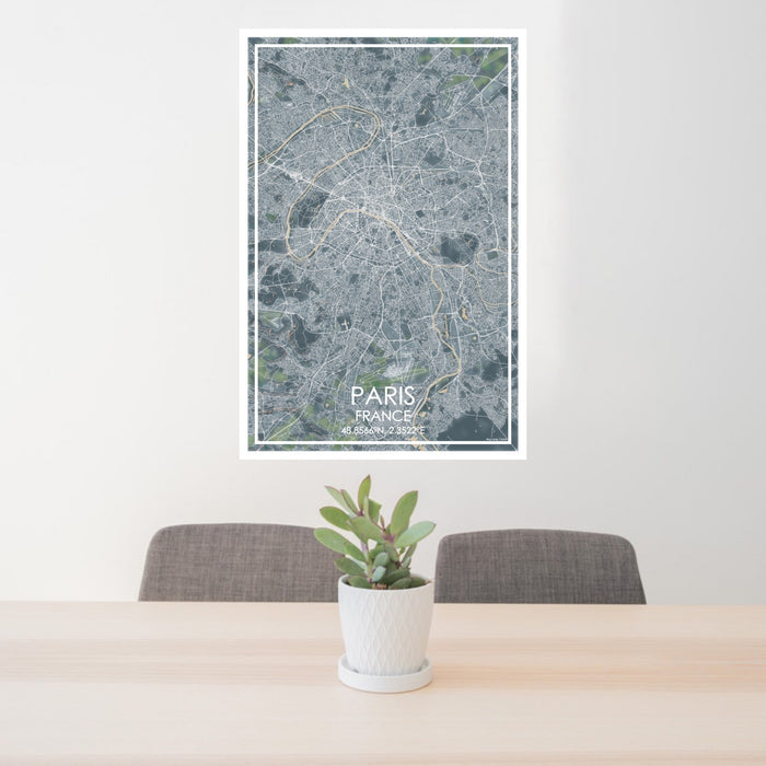 24x36 Paris France Map Print Portrait Orientation in Afternoon Style Behind 2 Chairs Table and Potted Plant