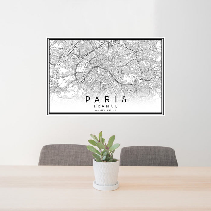 24x36 Paris France Map Print Lanscape Orientation in Classic Style Behind 2 Chairs Table and Potted Plant