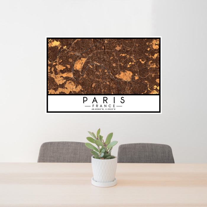 24x36 Paris France Map Print Lanscape Orientation in Ember Style Behind 2 Chairs Table and Potted Plant