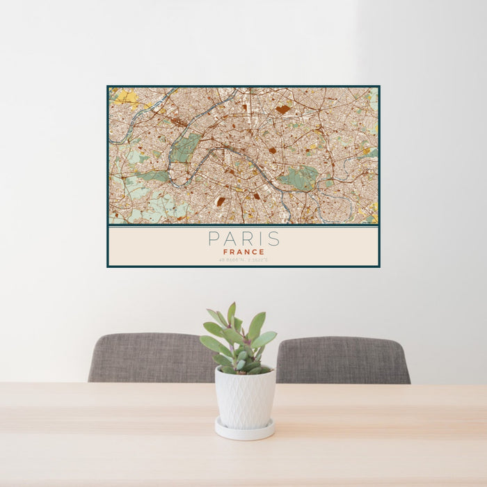 24x36 Paris France Map Print Lanscape Orientation in Woodblock Style Behind 2 Chairs Table and Potted Plant