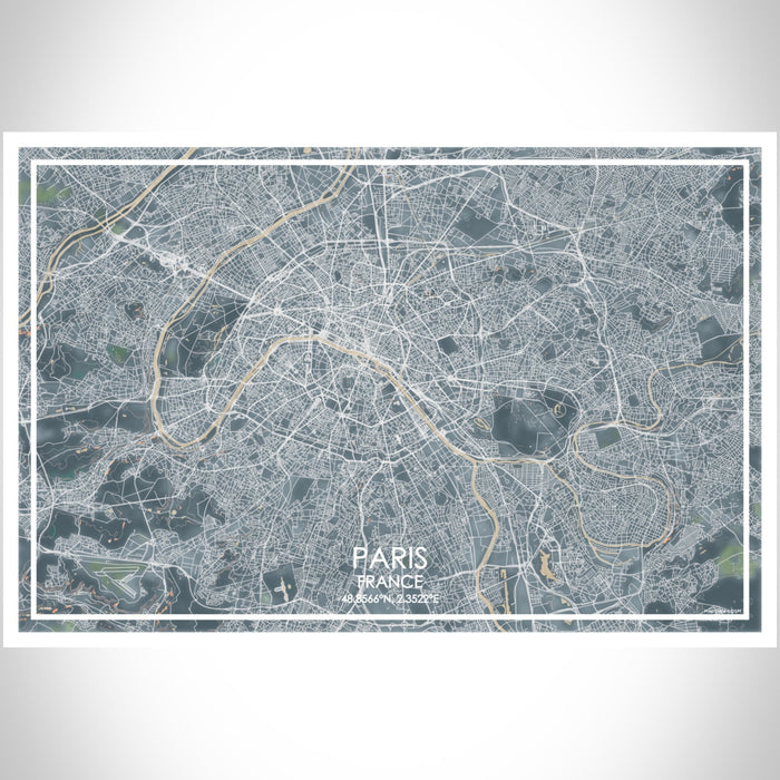 Paris France Map Print Landscape Orientation in Afternoon Style With Shaded Background