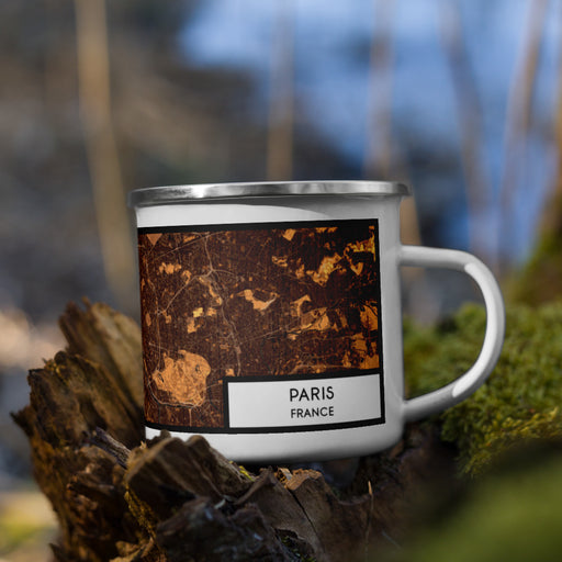 Right View Custom Paris France Map Enamel Mug in Ember on Grass With Trees in Background