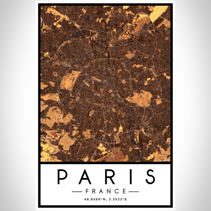 Paris France Map Print Portrait Orientation in Ember Style With Shaded Background