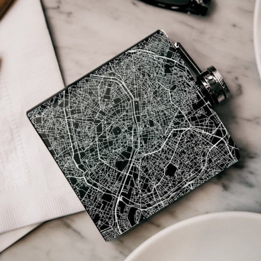 Paris France Custom Engraved City Map Inscription Coordinates on 6oz Stainless Steel Flask in Black