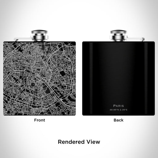 Rendered View of Paris France Map Engraving on 6oz Stainless Steel Flask in Black