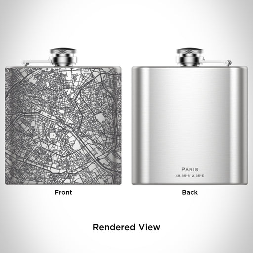 Rendered View of Paris France Map Engraving on 6oz Stainless Steel Flask
