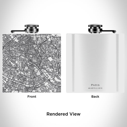 Rendered View of Paris France Map Engraving on 6oz Stainless Steel Flask in White