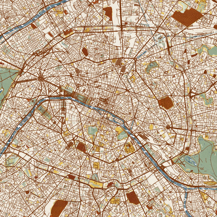 Paris France Map Print in Woodblock Style Zoomed In Close Up Showing Details